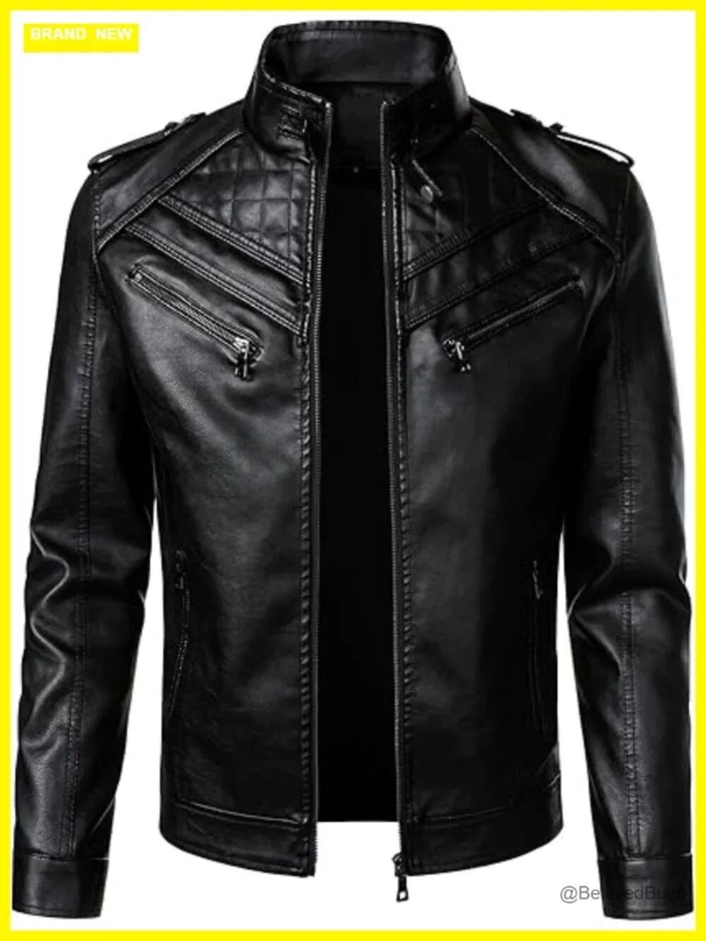 Men's Faux Leather Motorcycle Jacket with Diamond Pattern and Zipper Pockets